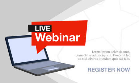 Vector illustration of a webinar with a laptop. Suitable for online seminar banner poster templates, remote classes and online training courses. Background banner concept for webinar presentation.のイラスト素材