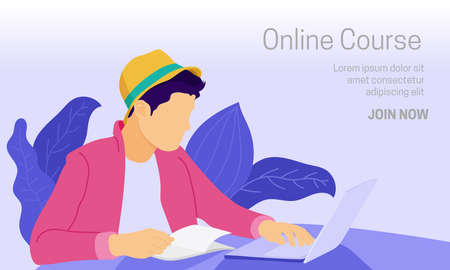 Flat vector illustration of a laptop user accessing online education while reading book. Suitable for the background of the online course web page. Work from home illustration.のイラスト素材
