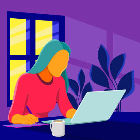 Flat vector illustration of a woman working from home using a laptop. Suitable for illustrations from a freelance, remote work, remote working with the help of the internet.のイラスト素材