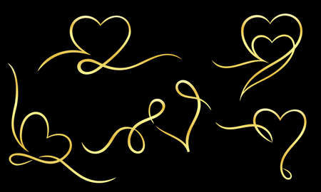 A collection of decorative frames in the shape of a gold heart ribbon. Perfect for design elements of invitation ornate frames and templates. Elegant gold love  swirl decorative set.のイラスト素材