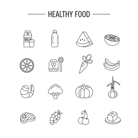 Icon set for healthy and nutritious food ingredients. Perfect for design elements from the health food web, infographics and organic food.のイラスト素材