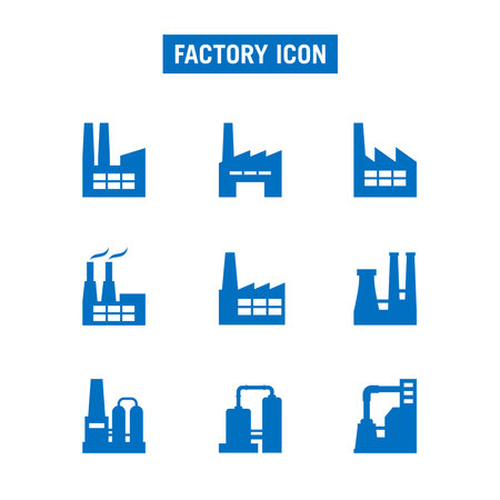 Vector illustration of a processing plant building. Suitable for design elements from oil, gas, and chemical plants. Factory icon set.のイラスト素材