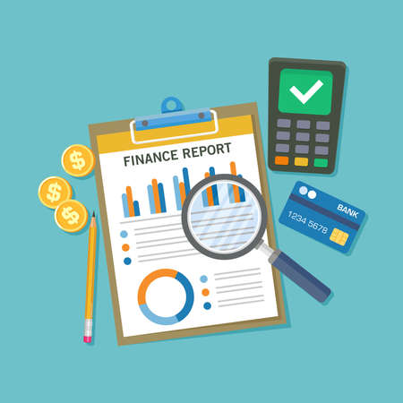 Flat vector illustration of a table top view with financial statement document. Suitable for design element of financial analysis service, investment report, and finance audit.のイラスト素材