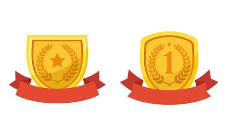 Flat vector illustration of golden shield with red ribbon. Perfect for element design of award prize, achievement label, and best quality symbol.のイラスト素材