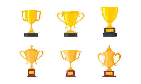 Set of vector illustration of golden trophies. Fit for the design element of an award, top quality, and achieving success reward. Flat trophy cup set.のイラスト素材
