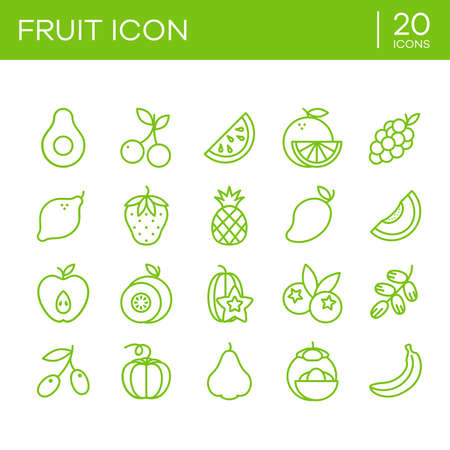 Outline icon set of fresh fruits such as apple, avocado, kiwi and watermelon. Perfect for the design element of fruit shop, organic healthy food menu, and vitamin food sources.のイラスト素材