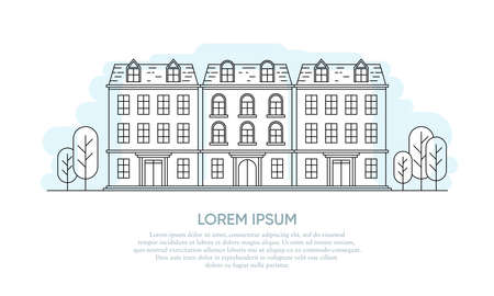 Outline vector illustration of an urban apartment complex in Victorian design. Suitable for design element from promotion of tourist destination, urban layouts, and modern luxury building.のイラスト素材