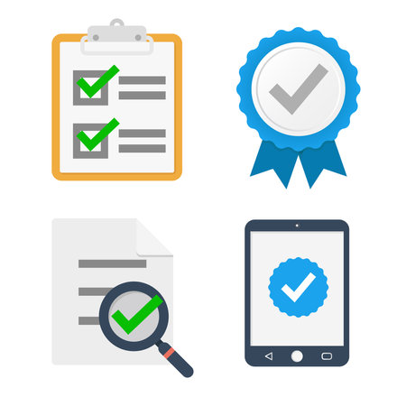 Document certification and licensing media icon set. The sign has been verified through document file, label, and digital transaction vector illustration.のイラスト素材