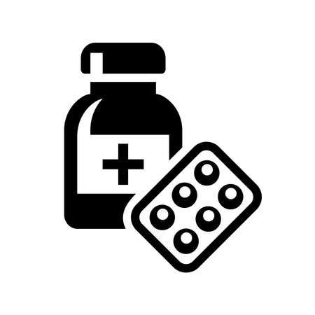 Flat vector illustration of medicine bottle and medicine in tablet packaging. Suitable for design elements from healthcare and medical treatment.のイラスト素材