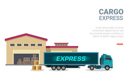 Vector illustration of warehouse and cargo truck. Perfect for design element of express delivery service and cargo shipping website background.のイラスト素材