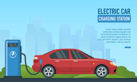 Flat vector illustration of electric car charging station. Suitable for background design of eco friendly vehicle, electric car company, and renewable energy poster.のイラスト素材