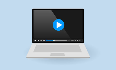 Vector illustration of a laptop screen showing a video player website. Suitable for design element of promotional video marketing, online video tutorial, and web video player user interface mock up.のイラスト素材