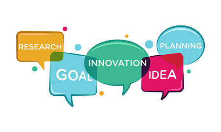 Flat vector illustration of group chat discussing business idea. Suitable for design element of business forum, idea discussion, and community dialog. Chat bubble overlapping.のイラスト素材