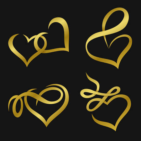 A collection of decorative frames in the shape of a gold heart ribbon. Perfect for design elements of invitation ornate frames and templates. Elegant gold love swirl decorative set.のイラスト素材