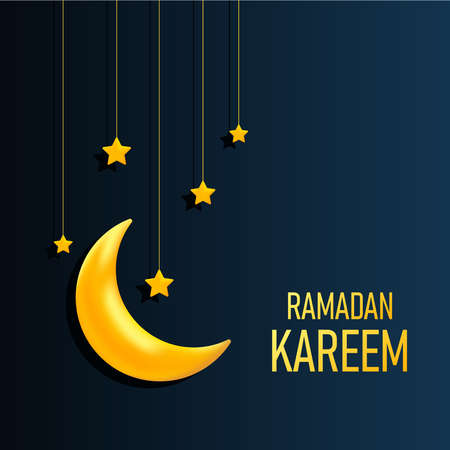 Vector illustration of a 3D crescent moon and a hanging star. Suitable for the background of the greeting design to welcome the month of Ramadan. Ramadan Kareem poster background template.のイラスト素材