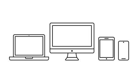 Outlined vector illustration of modern electronic device product ecosystem. Suitable for technology banner, computer, smartphone, and laptop display.のイラスト素材