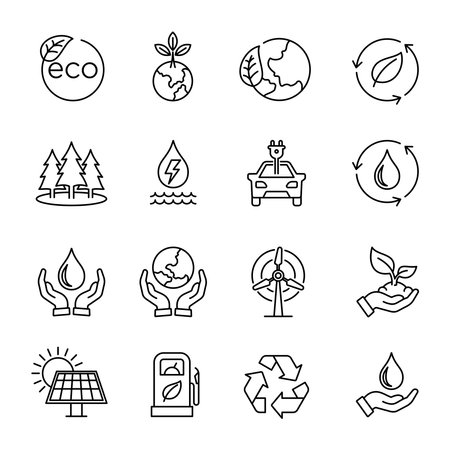 Ecology icons set. Green energy and eco friendly icon collection on outlined vector.  Bundle of ecology and environment set icons vector illustration line style iconのイラスト素材