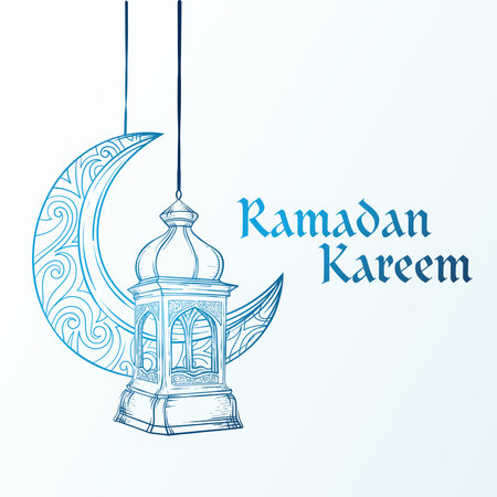Vector illustration of Arabic lantern ornament hand drawn. Suitable for design element of Ramadan Kareem greeting template. Ramadan Kareem theme background template.のイラスト素材