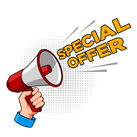Hand hold megaphone with special offer text illustration. Suitable for marketing and promotion banner.のイラスト素材