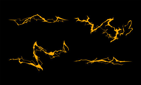 Abstract orange lightning bolts on black background, electric energy flash design for digital art.のイラスト素材