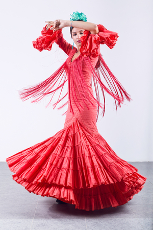 Portrait of pretty young flamenco dancer in beautiful dress.