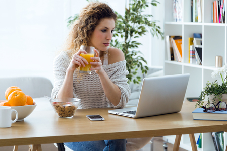 Portrait of beautiful young woman working with laptop at home.の写真素材