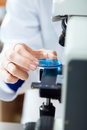 Portrait of young woman looking through microscope in laboratory.の写真素材
