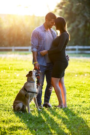 Shot of young stylish pregnant couple looking at each other while their dog looking them in the park.の写真素材