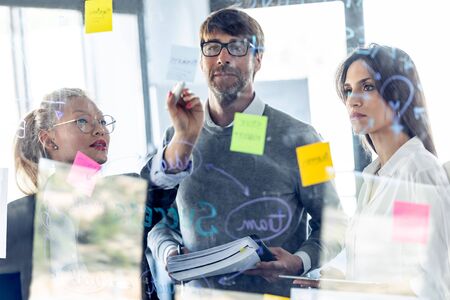 Shot of successful business team writing notes at office glass board while discussing together in...