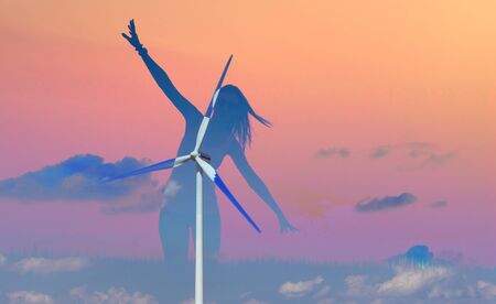 Double exposure of silhouette of woman enjoying the nature and wind power generation. Environmental issues concept - renewable energy.の写真素材