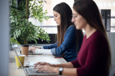Shot of two young business women friends working together with laptop in the office at home.の写真素材