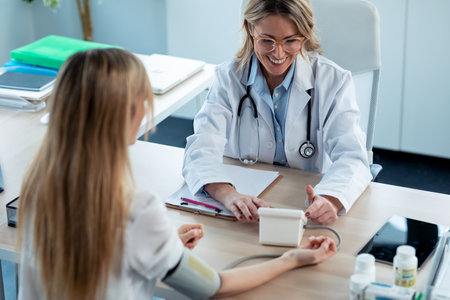 Shot of mature beautiful female doctor measuring heart and blood pressure while taking care to young patient in the medical consultation.の写真素材