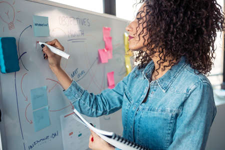 Shot of beautiful young business woman working while writting brainstorming on white board in the...