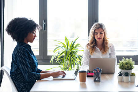 Shot of casual multiethnic business women working with laptops while tin modern startupの写真素材