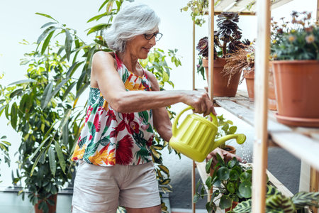 Shot of senior woman watering potted while taking care of plants at greenhouseの写真素材