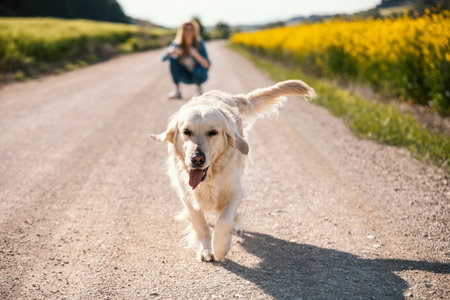 Shot of attractive young woman caring and playing with her beautiful golden retriever dog in a rapessed field.の写真素材