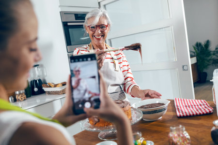 Shot of cute grandmother taking photos with her smartphone while grandmother making tasty chocolate cake in the kitchen.の写真素材