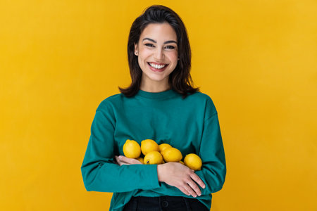 Portrait of a laughing woman holding lemons isolated on yellowの写真素材