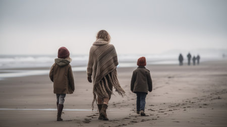 Back view of cute single parent family walking together on the beach sand in winter. Generative AIの素材