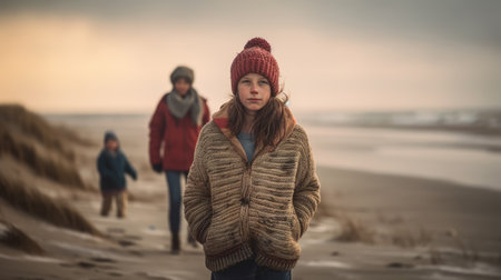 Shot of beautiful cute girl walking with her family on the beach sand in winter. Generative AIの素材