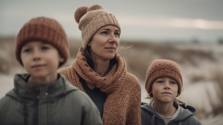 Shot of beautiful family relaxing while looking forwards on the beach sand in winter. Generative AIの素材