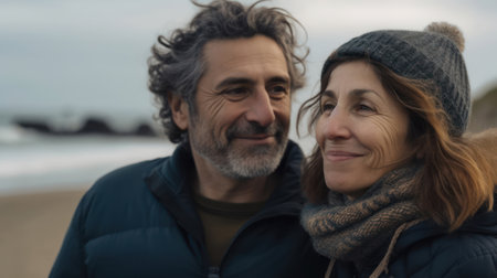 Shot of cute mature couple looking each other while relaxing on the beach in winter. Generative AIの素材