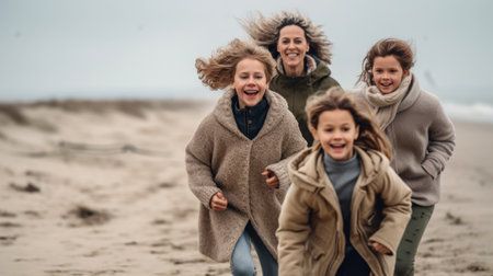 Shot of cute single parent family having fun while running together on the beach sand in winter. Generative AIの素材