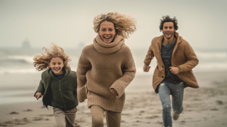 Shot of beautiful family having fun while running together on the beach sand in winter. Generative AIの素材
