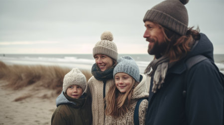 Shot of beautiful family relaxing while looking forwards on the beach sand in winter. Generative AIの素材
