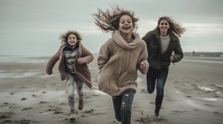 Shot of cute single parent family having fun while running together on the beach sand in winter. Generative AIの素材