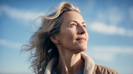 Shot of beautiful mature woman looking for the horizon while relaxing in nature. Generative AIの素材