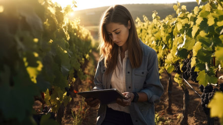Shot of wine grower woman watching the growth of the grape crop while taking notes on the tablet in the vineyardの素材