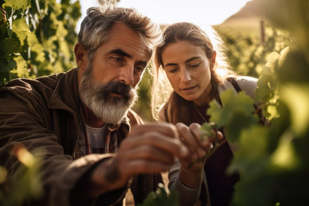 Shot of a couple of winegrowers picking grapes while watching the growth of the crop in the vineyardの素材