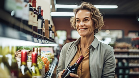 Shot of cheerful beautiful mature woman holding wine bottle while shopping at the supermarket. Generative AIの素材